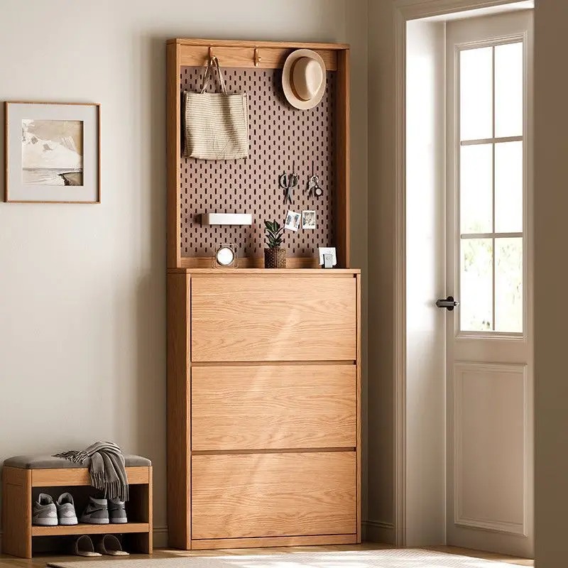 Solid wood oak shoe cabinet tipping bucket door, household interior wall, entrance door integrated against the wall for storage