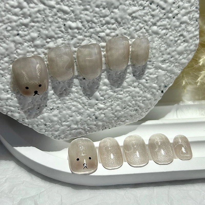 10 Pieces Sweet and Cute Daily Short Handmade Press On Nails Shiny Cat Eye Heart Puppy Fake Nails Removable Reusable