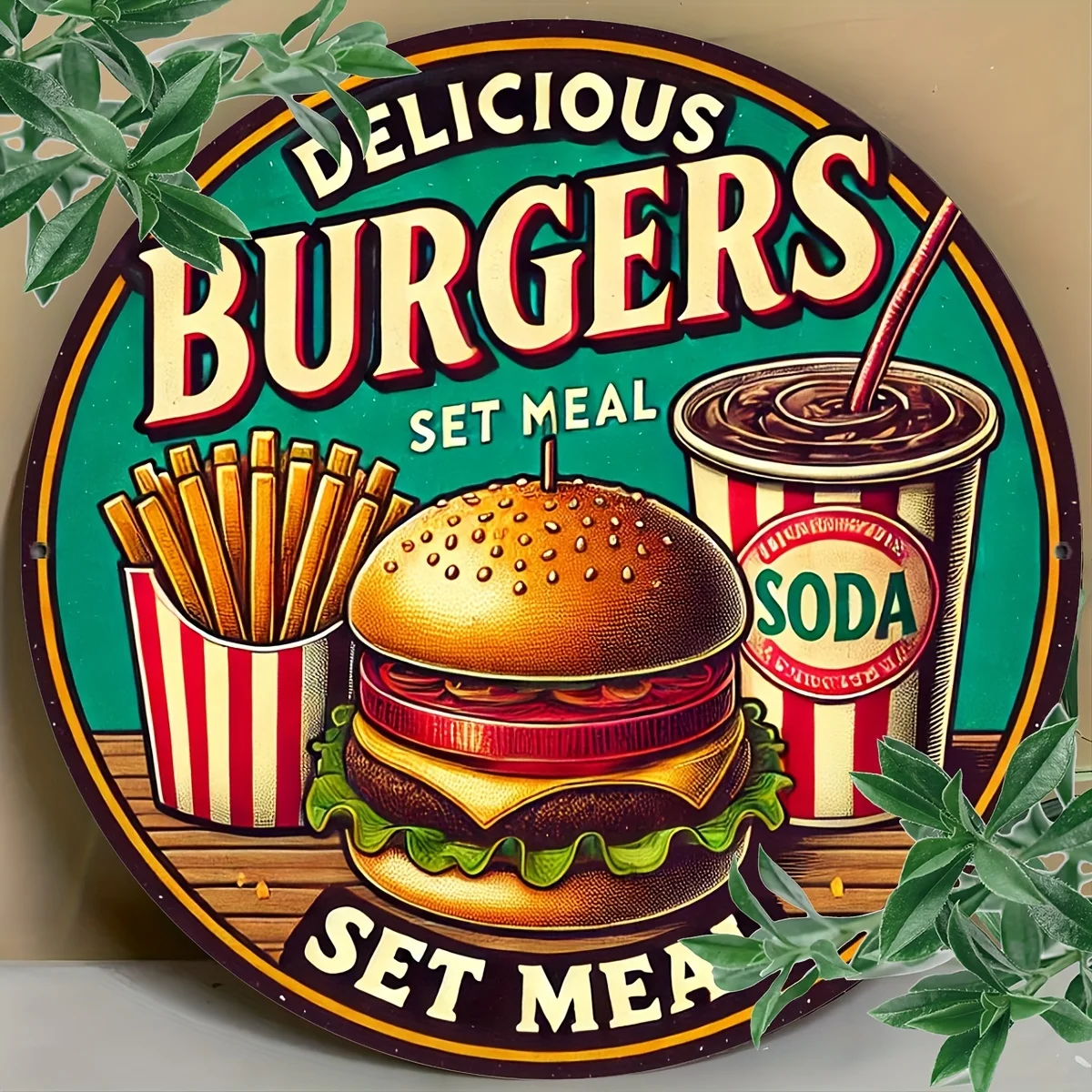 Raumdekoration, 1 Stück, Metallschild „Delicious Burgers“ im Vintage-Stil, 20,3 x 20,3 cm, runde Aluminium-Wandkunst, langlebig, einfach aufzuhängen, einzigartiges Design
