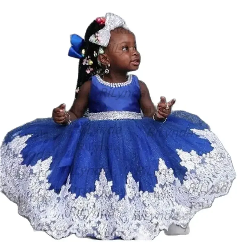Royal Blue Princess Flower Girl Dresses Crystals One Shoulder Organza Ruffled  Long Girls Birthday Party Gowns