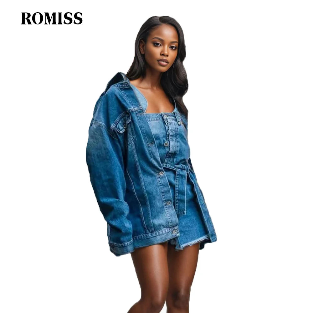 ROMISS Asymmetrical Denim Dresses For Women Halter Sleeveless Off One Shoulder High Waist Solid Folds Streetwear Dress Female