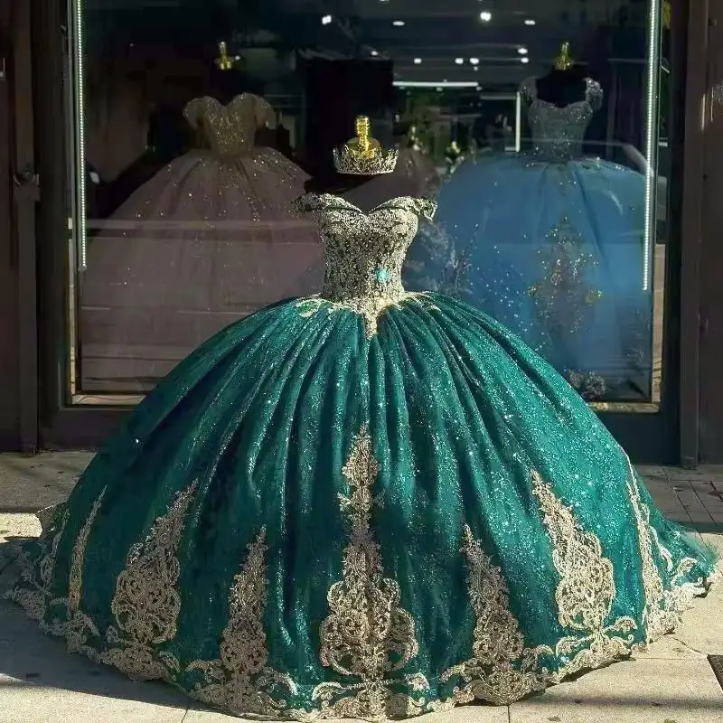 Maßgeschneiderte schwarzgrüne Quinceanera-Kleider, exquisite goldene Applikationen, Schnürkorsett, Geburtstag, süße Vestidos für 15 Jahre Quinceañer