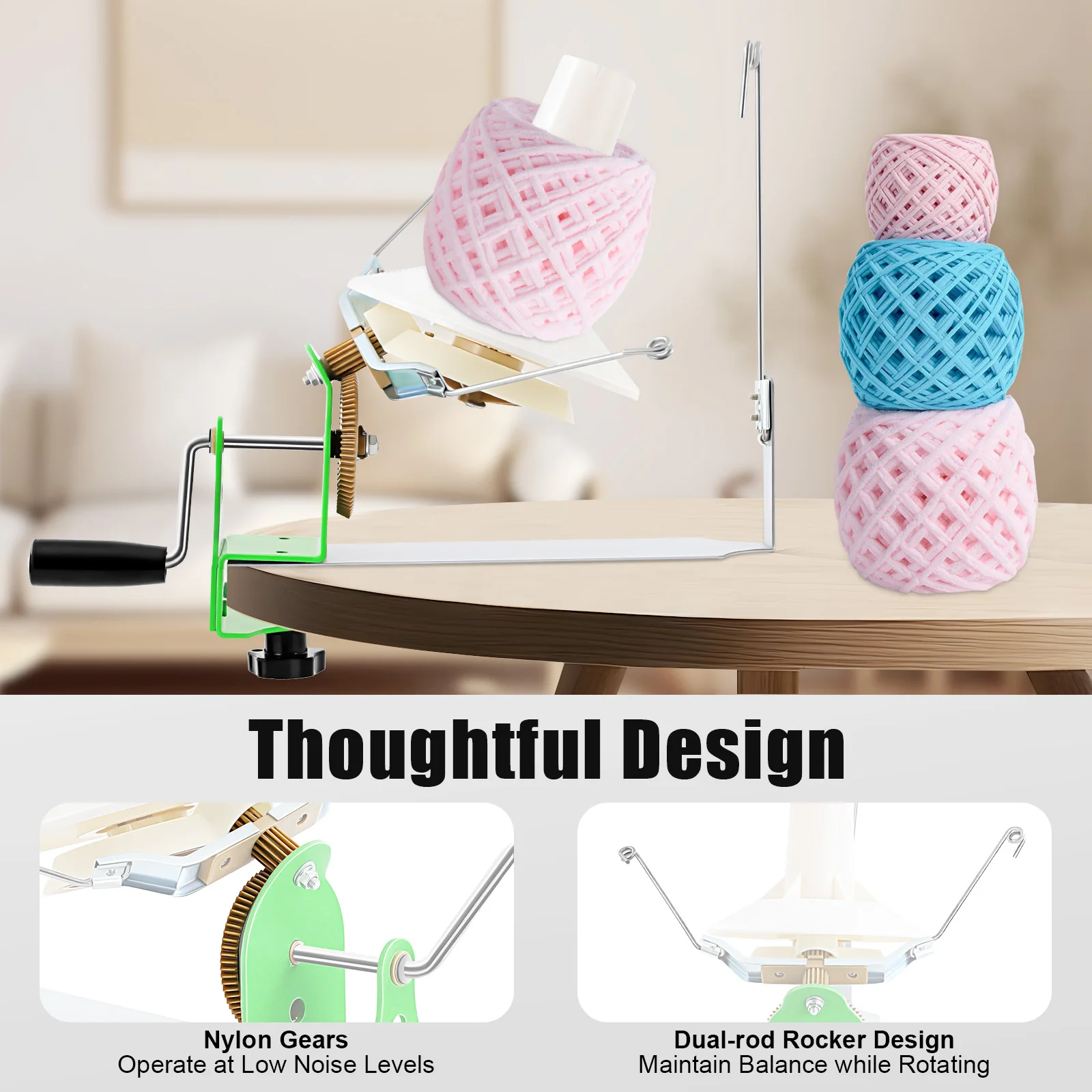 Portable Wool Ball Winder 400-500g Large Capacity Yarn Winder Machine for Knitting, Handmade Arts Crafts, DIY Studio, Home & Factory Use – Easy Install & Clean, with Nylon Gears, Dual-Rod Rocker, Clamp Mount Up to 40mm view 3
