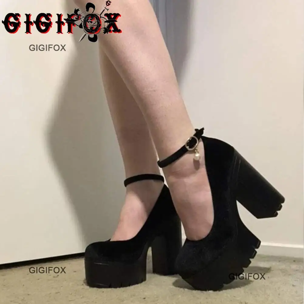 GIGIFOX New Platform Chunky Heeled Pumps For Women Velet Ankle Strappy Block High Heels Shoes Spring Dress Office Mary Janes