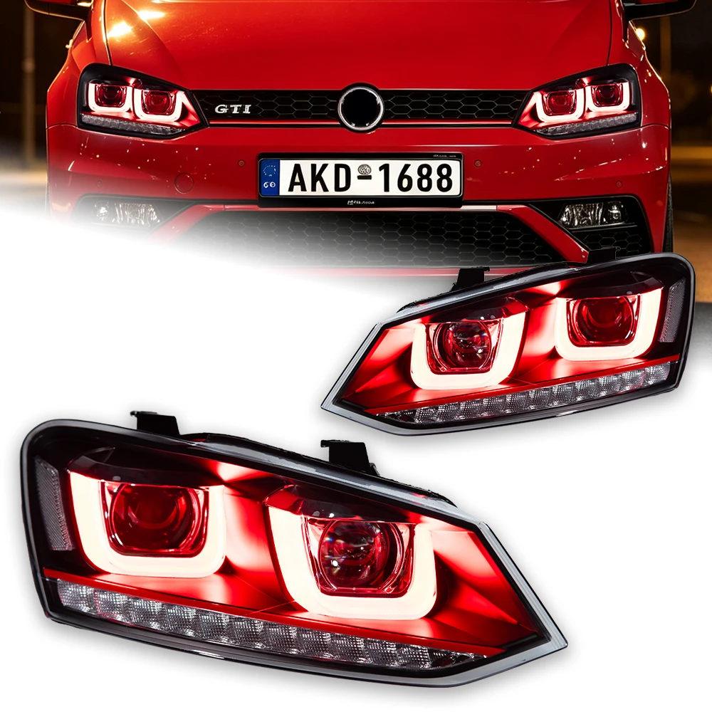 AKD Car Lights For VW Polo Headlight 2009-2016 Double U DRL LED Lens Vento Dynamic Signal Head Lamp Drl Automotive Accessories