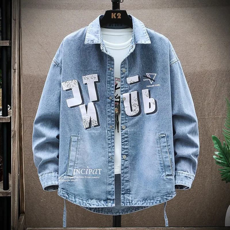 

2023 New Men Spring Autumn High-end Denim Jacket Short Loose Printing Overcoat Relaxation Fashion Turn-down Collar Outwear