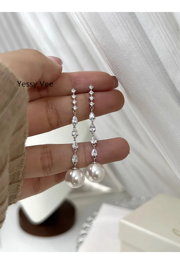 Yessy Vee Women Luxury Vintage 925 Silver Earrings Zircons Long Luxury Man-Made Pearl Stud Earrings Top Quality Ear Decoration