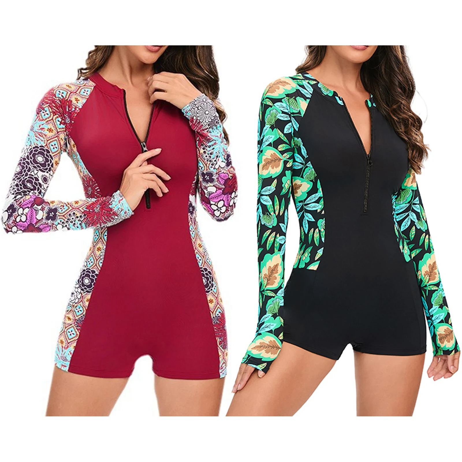 Womens Athletic Swimsuit One-piece Boyleg Long Sleeve Floral Print Padded Swimwear Beach Surfing Bathing Suit UPF 50 Rashguard