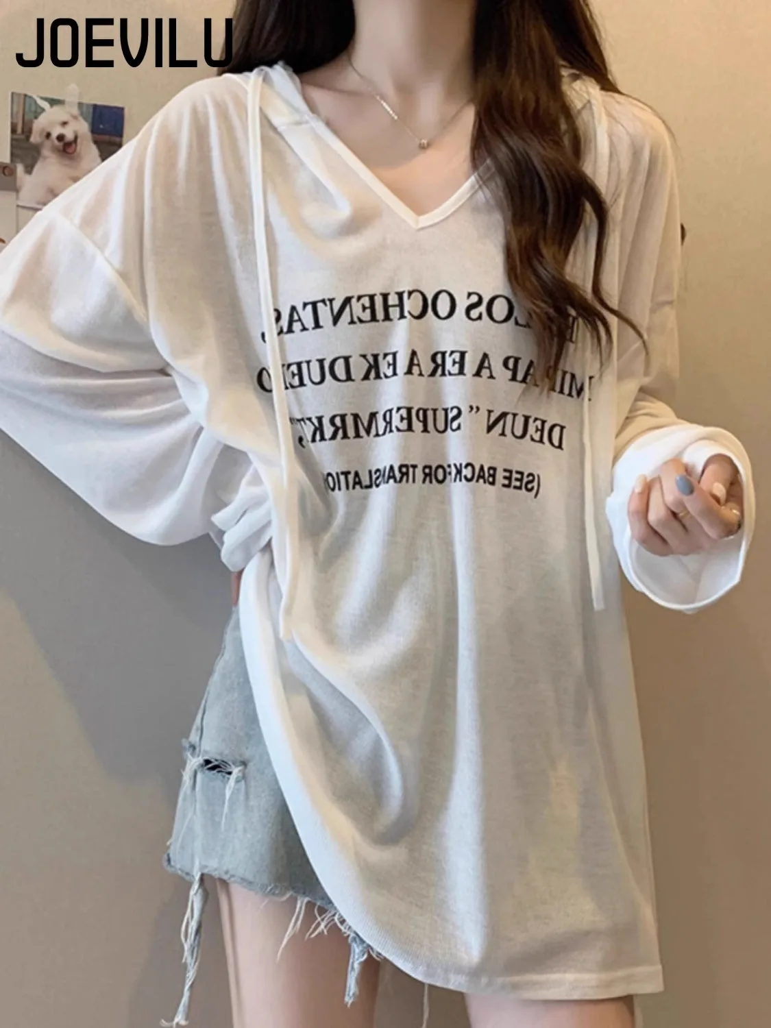 2026 Summer Women's Hooded Sunshade Cover-Up Loose Long Sleeve V-Neck Sheer Top Lightweight Overshirt Korean Style Casual Blouse