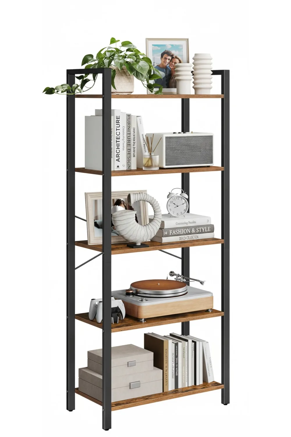 

5-уровневая промышленная книжная полка, полка для хранения со стальным каркасом для гостиной, домашнего офиса, кабинета, коричневого и черного цвета в деревенском стиле