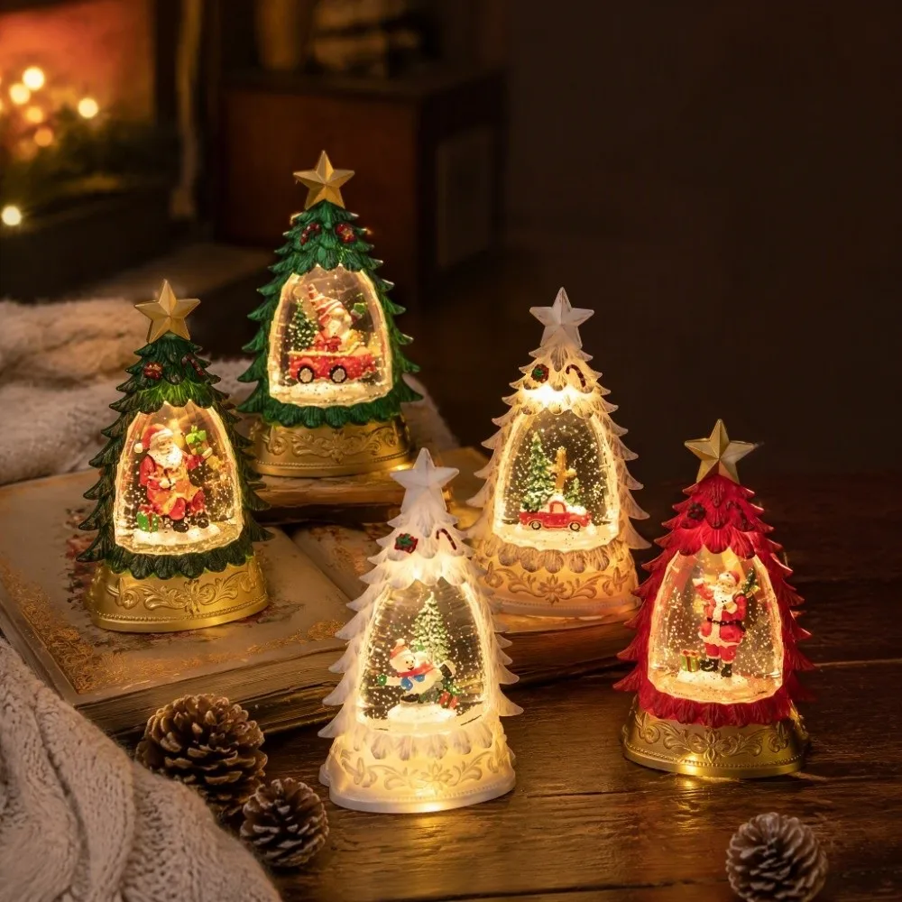 Christmas Tree Shape Christmas Snow Globe Floating Snowflakes Desktop Ornament Lighted Water Lantern Lighted Handicrafts