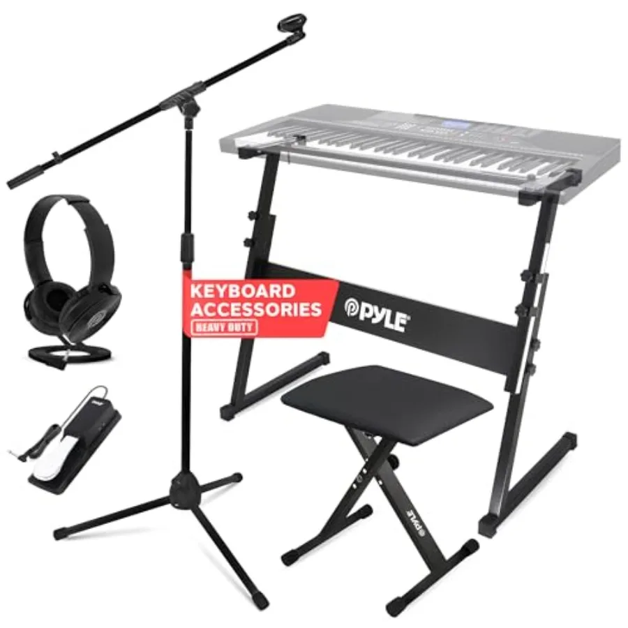 

Pyle Electric Keyboard Accessory Bundle for E-Piano with Black Adjustable Z-Shape Stand Folding Stool Headset Microphone Stand