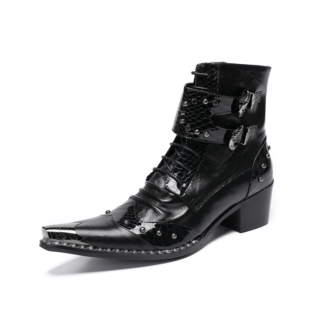 

Men's Black Metallic Genuine Leather Chelsea Mid-Calf Boots Pointed Toe Medium Heel Lace-Up Buckle Party Shoes