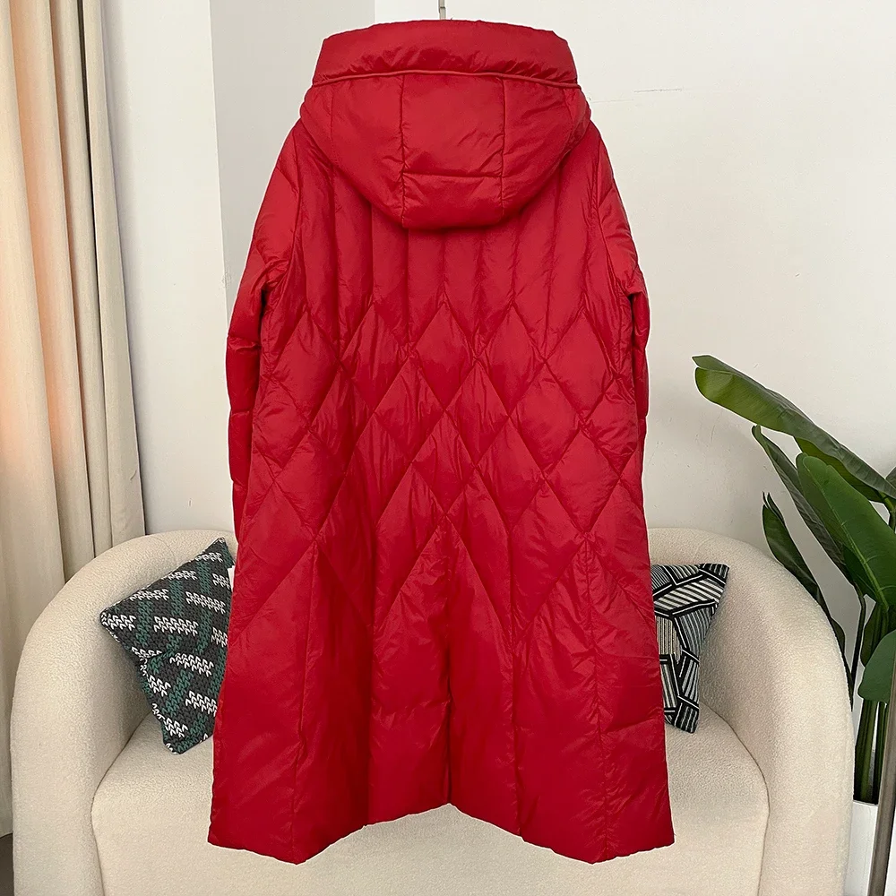 White Duck Down Padded Down Jacket Women's 2024 Autumn/Winter Korean Casual Thickened Warm Hooded Mid-length Down Jacket