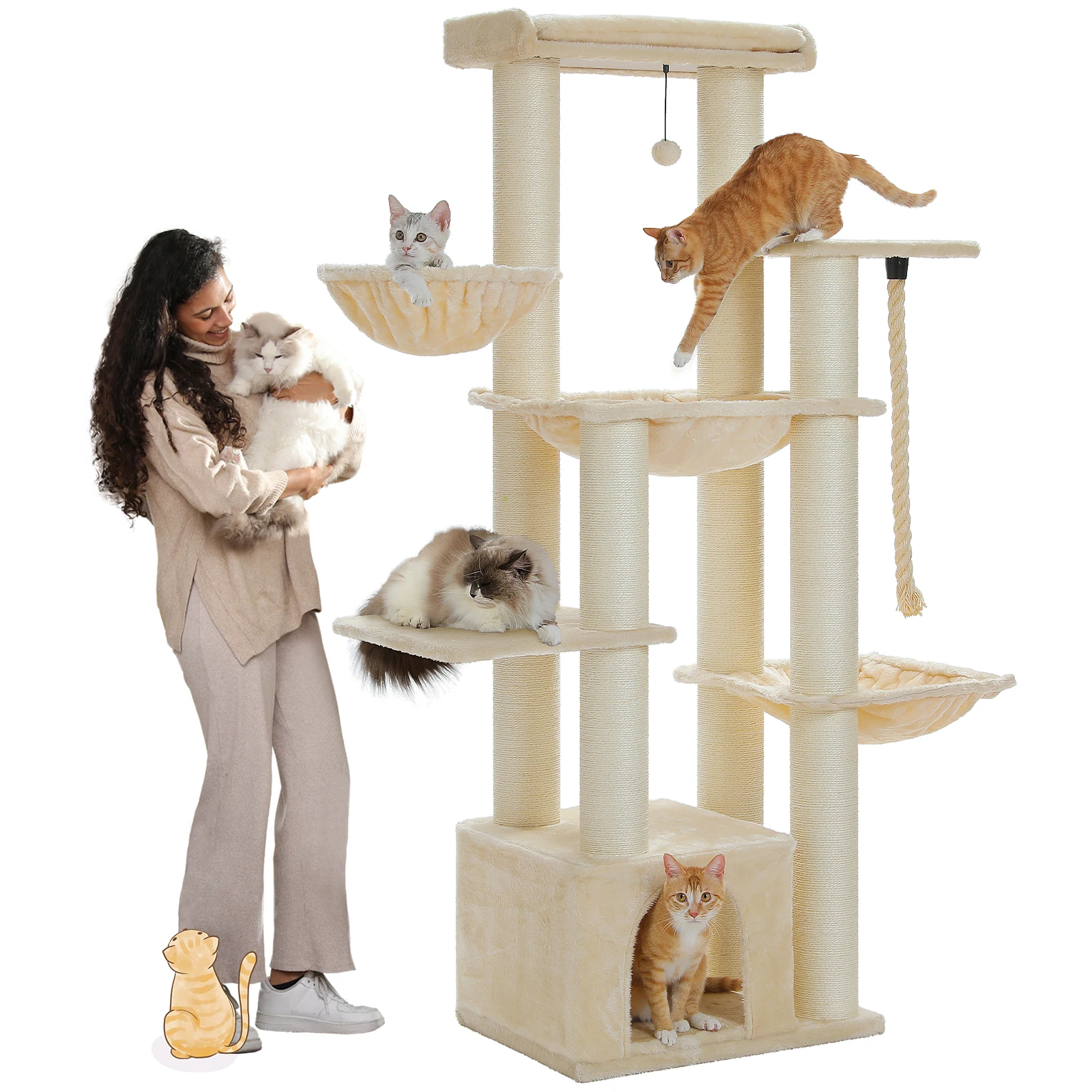 66.5inch /170cm Cat Tower for Indoor Cats, Multi-Level Cat Condo Scratching Posts, Perches, Hammock, Cave