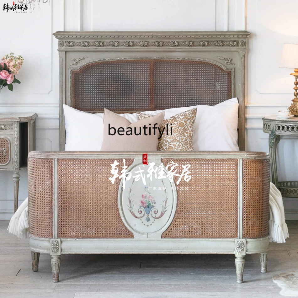 Rattan Queen Bed American Style French Style Vintage Solid Wood Double Bed Antique Bed