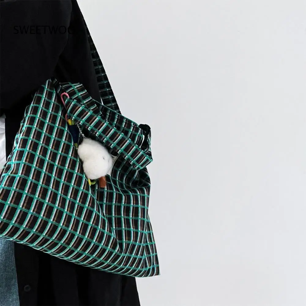 Retro Check Woven Slouch Hand Bag Wear Resistant Lightweight Texture Multi Purpose School Shopping Travel Outdoor Shoulder Bag