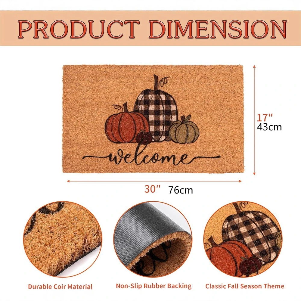 Fall Pumpkin Door Mat for Front Door Welcome Mat Outdoor with Non-Slip Doormat Indoor Entrance Fall Outdoor Decor 17 X 30 Inch
