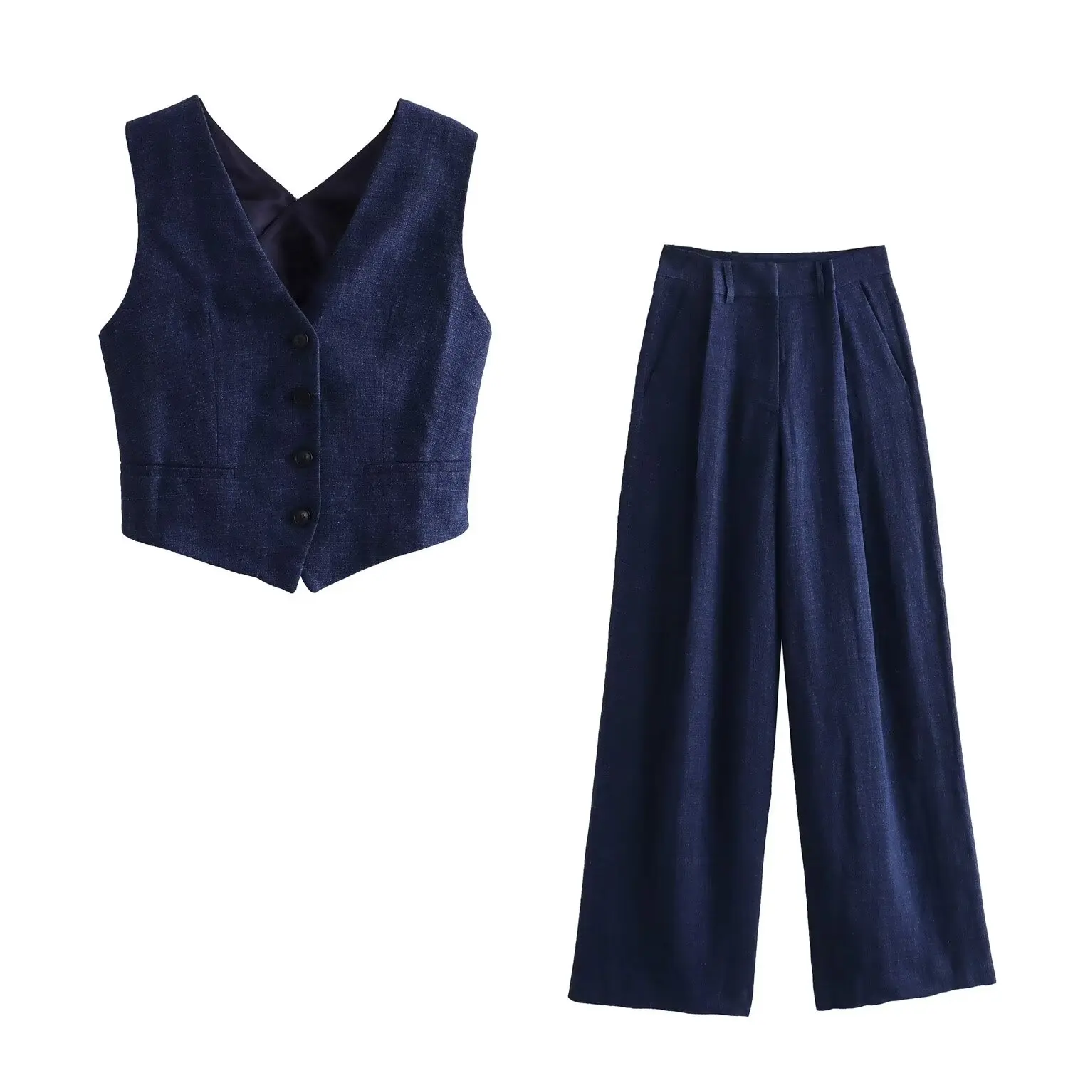 

European and American style French high-end suit women's back cross backless top linen rough imitation high waist straight casua
