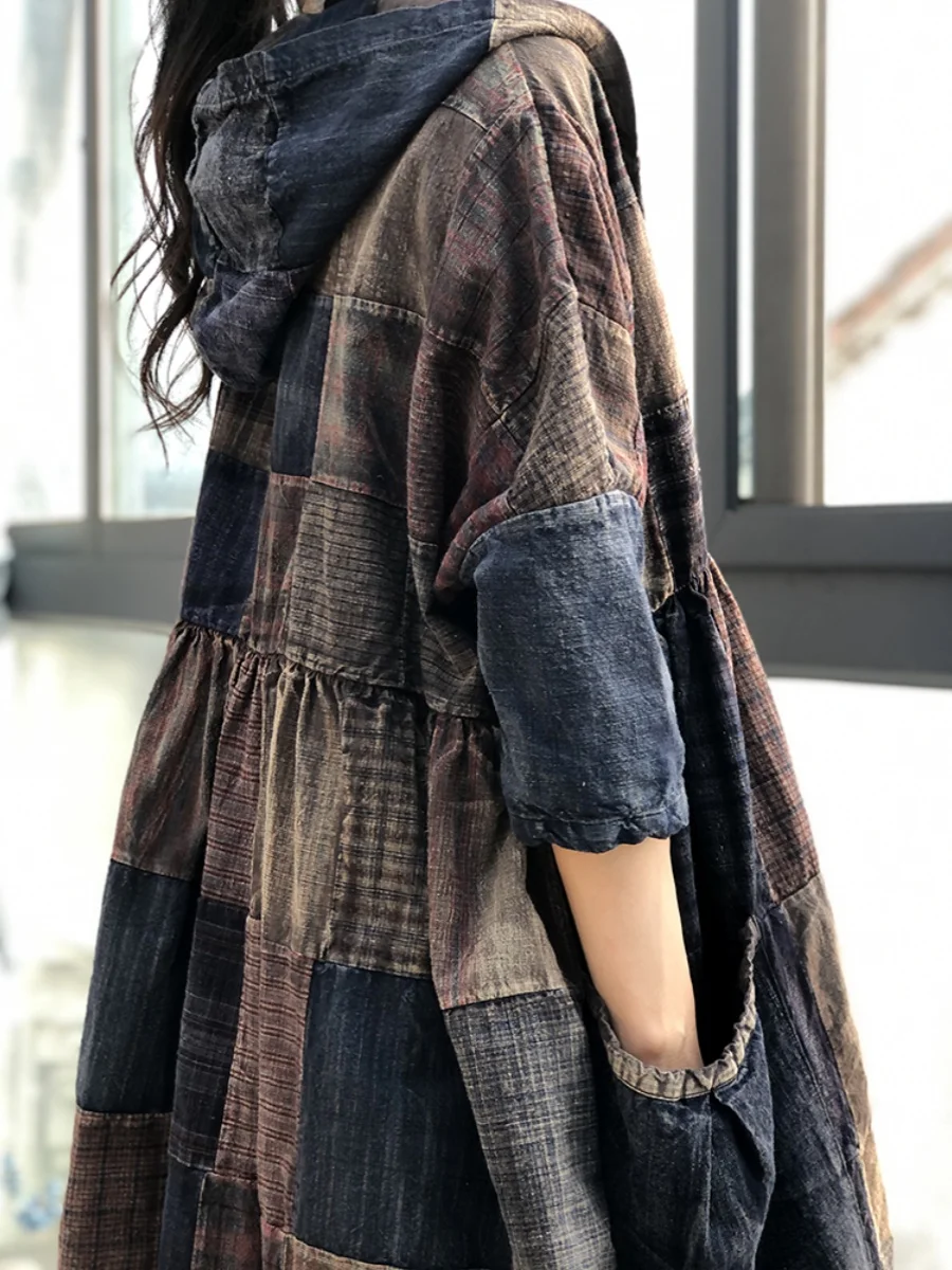 2024 Autumn Cotton Old Cloth Ethnic Style Hooded Large Pocket High Waisted A-line Large Size Short Sleeve Dress Women LX1861