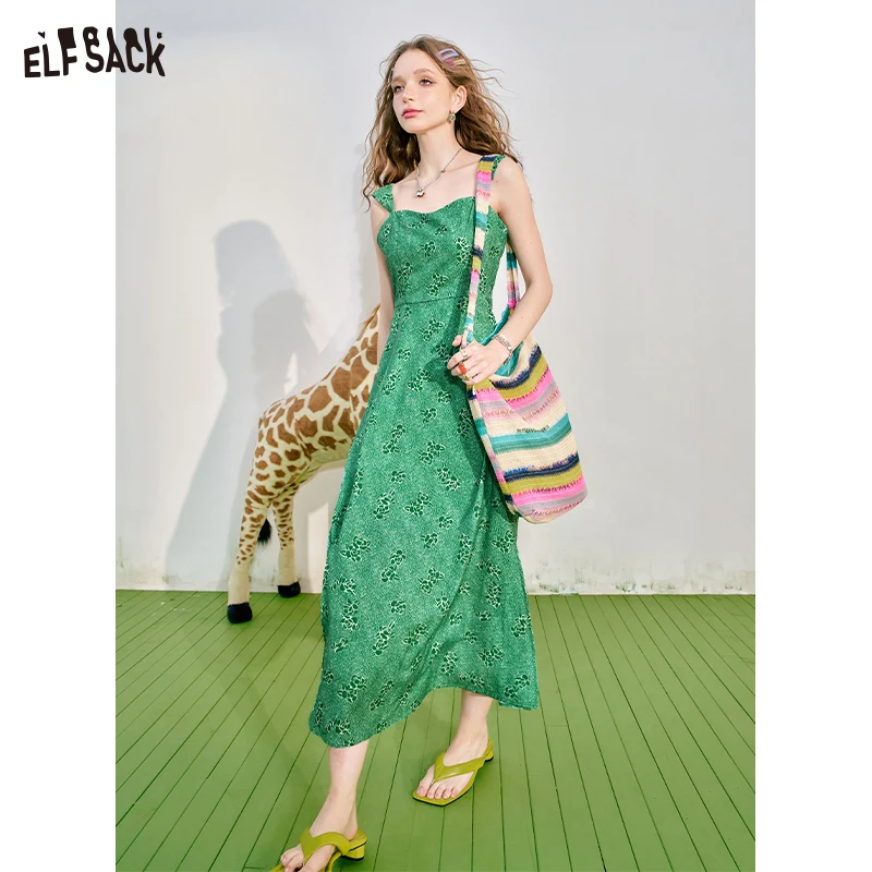 ELFSACK 2024 Summer New Green floral camisole dress for women with waist up temperament and vacation style skirt