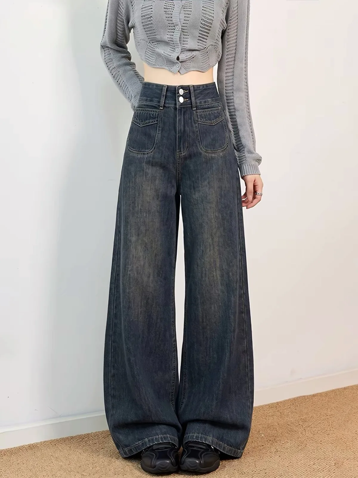 Retro Wide Leg Denim Jeans Women's Autumn New Lazy Draped Jeans Junior High School Students Long Pants Casual High Waist