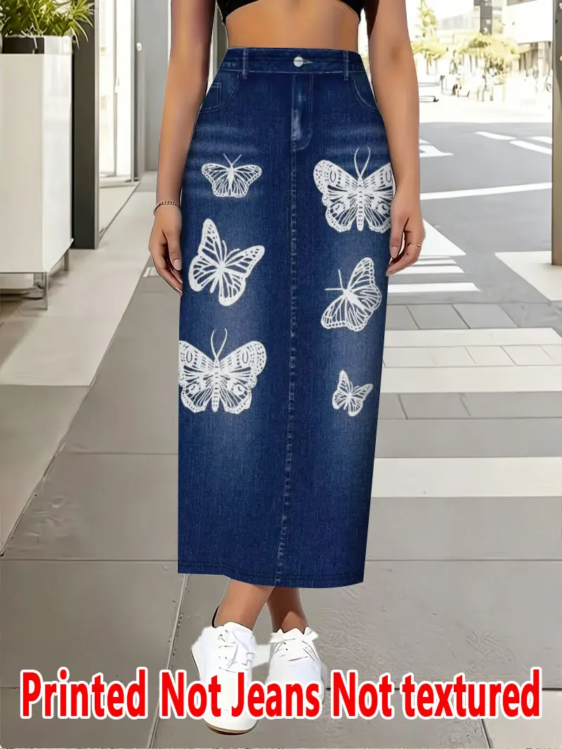 

3550 American Style Printed Skirt, Imitation Faux Denim Print - Non Denim Fabric