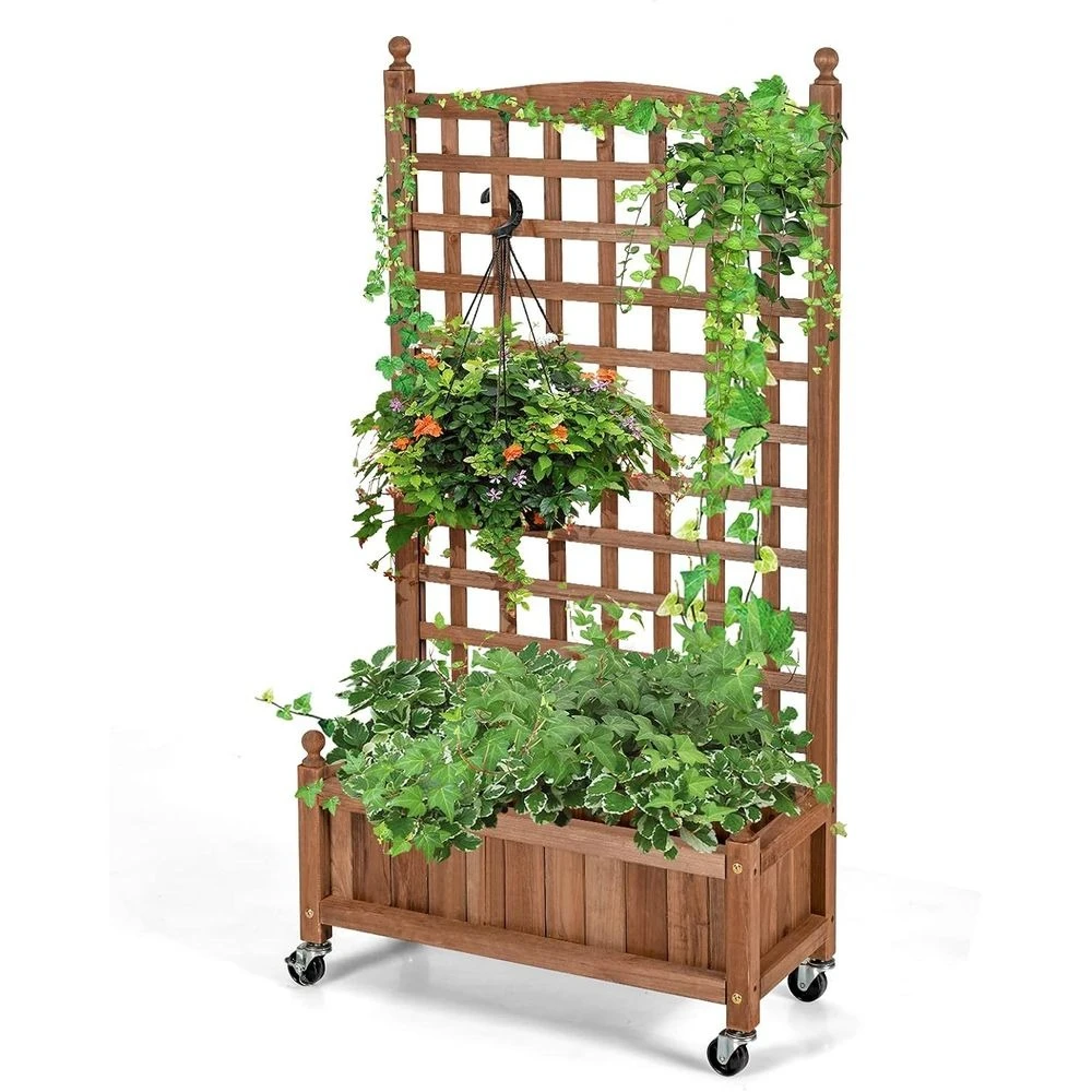 

25 Rolling Wood Planter Box with Lattice Trellis for Elevated Gardening on Balconies and Patios