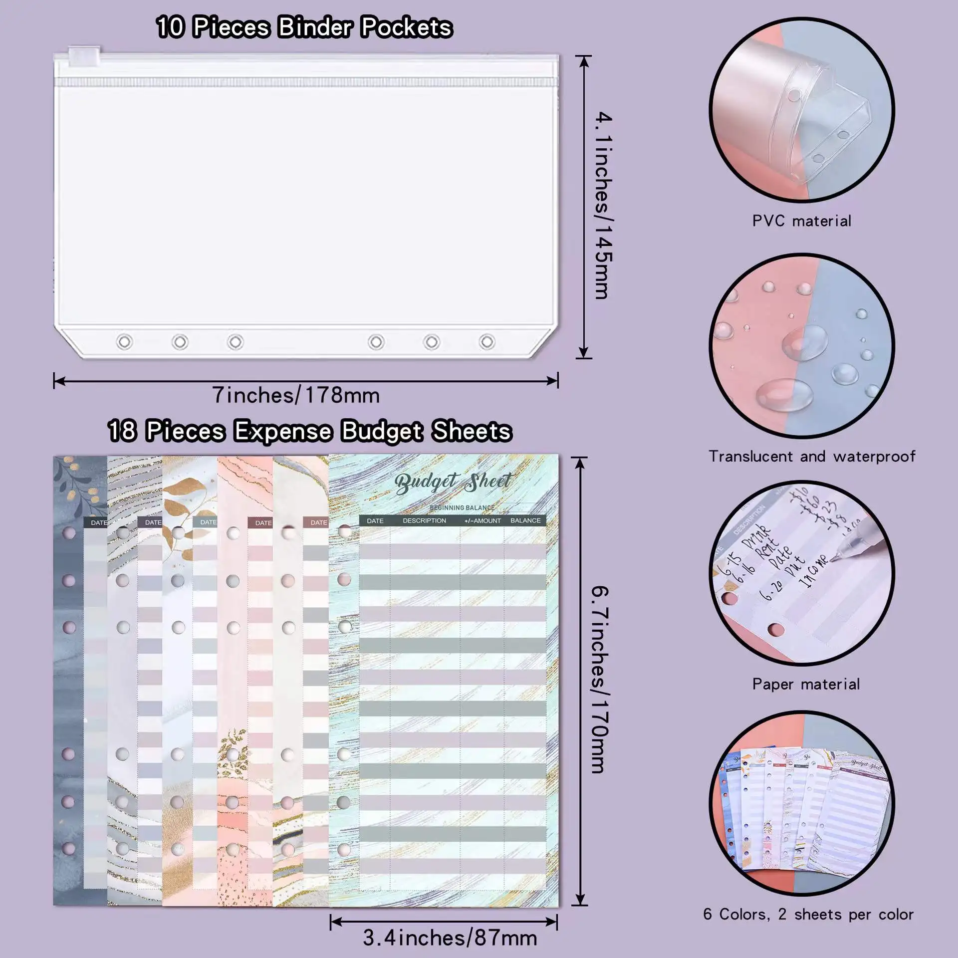 A6 Budget Binder Planner Organizer Cash Envelopes with 12 Binder Pockets, Expense Budget Sheets, Sticker Labels for Money Saving