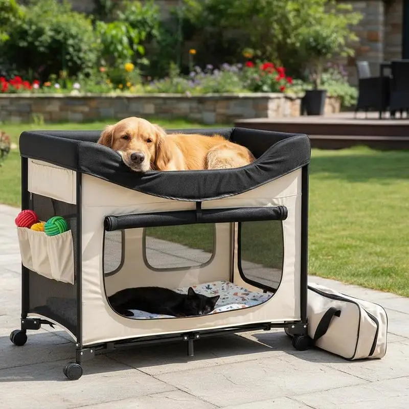Cama elevada para mascotas, cama plegable tipo litera para perros con tela Oxford 600D y terciopelo holandés, cuna portátil elevada con ruedas, bolsas de almacenamiento laterales y bolsa de transporte para gatos y perros, XL, beige