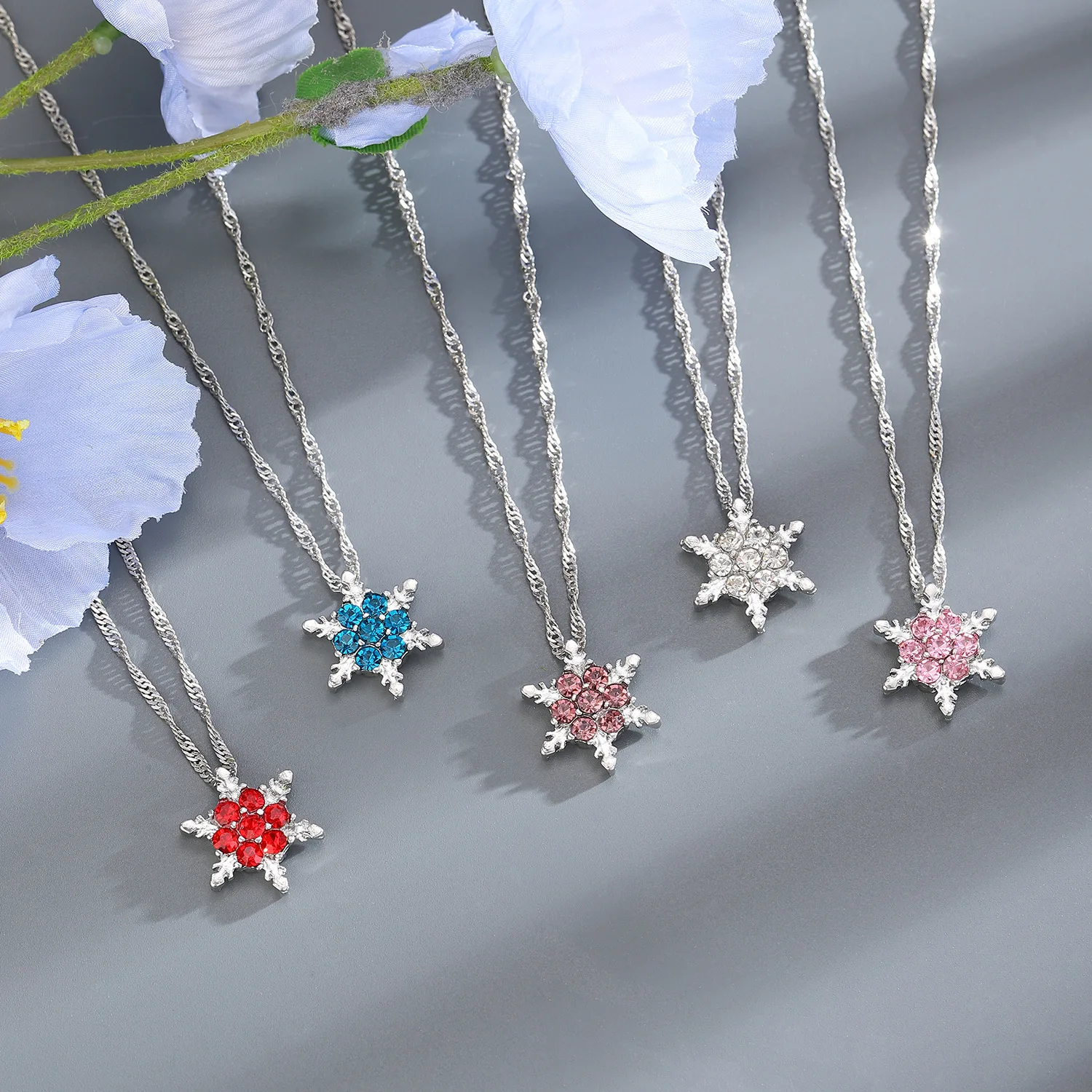 Snowflake Flowers Santa Pendant Necklace Silver Color Shiny Zircon Neck Chain Women New Jewelry Festival Christmas Gifts