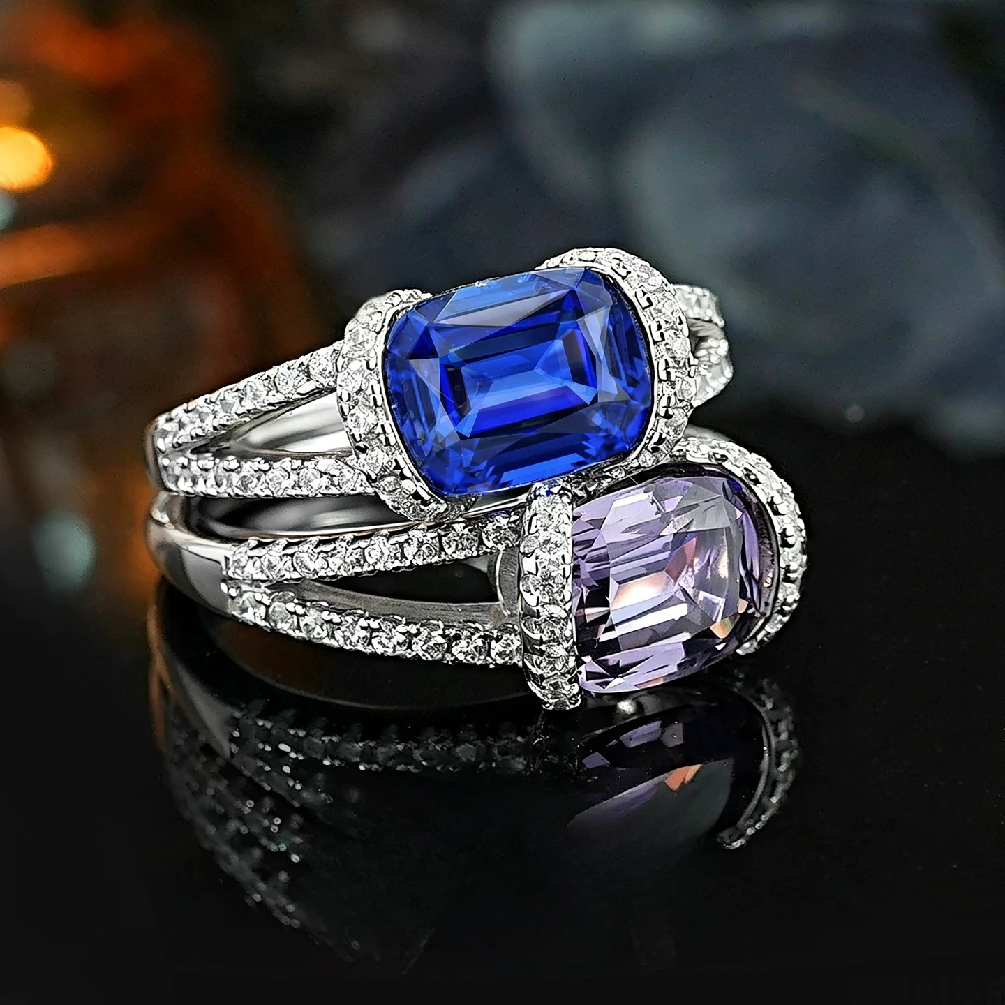 925 Sterling Silver Cushion Cut 7*9mm Colorful Zircon Halo Ring Split Shank Paved Side Stone Luxury Women Finger Jewelry
