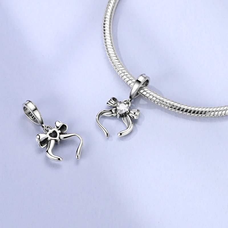 925 Sterling Silver Bow Jewelry Set Pink Zircon Bow Charms Beads Dangle Pendants Hoop Earrings 925 Silver Fit Original Bracelet view 4