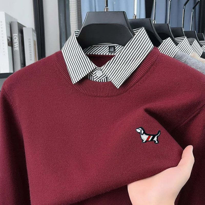 Men's O‑Neck Knitted Sweater Autumn Winter Fake Two-Piece Color Block Shirt Collar Long Sleeved Tops Business Casual Men's Wear