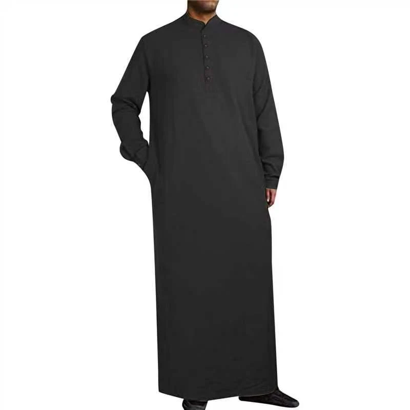 Men\'s Muslim Robe Fashion Solid Color Standing Neck Button Long Sleeve Arab Abaya Kaftan Dress Ramadan Eid Islamic Clothing