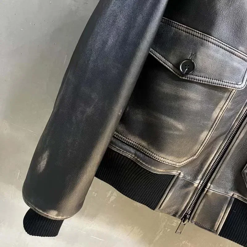 Women's Thick Warm Genuine Leather Jacket with Natural Real Wool Collar Aging Process Winter Coat Stylish 2025 New Arrival