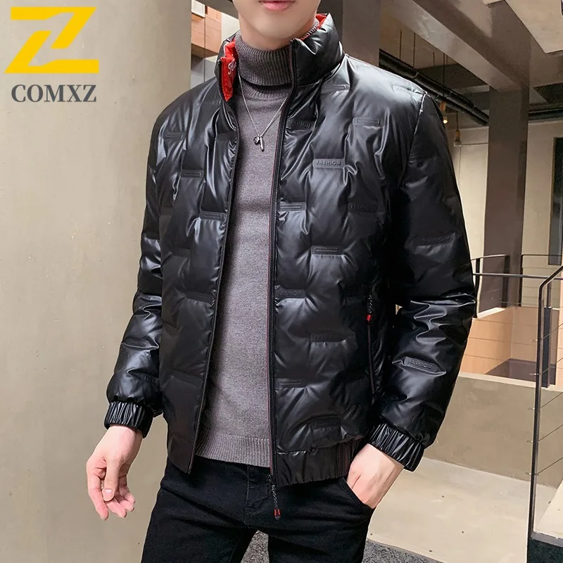 

COMXZ мужской короткий пуховик, повседневная куртка с воротником-стойкой, утолщенная парка для работы на открытом воздухе, блестящий дизайн, удобное ветрозащитное зимнее пальто для пешего туризма
