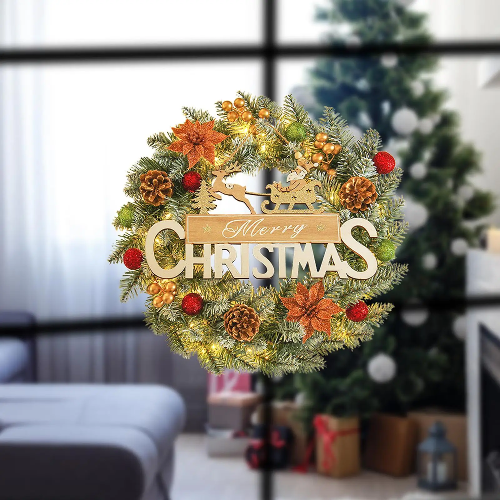 Christmas Wreath with Light 16inch Realistic Wall Wreath Front Door Garland for Outdoor Winter Decor Indoor Party Supplies Home