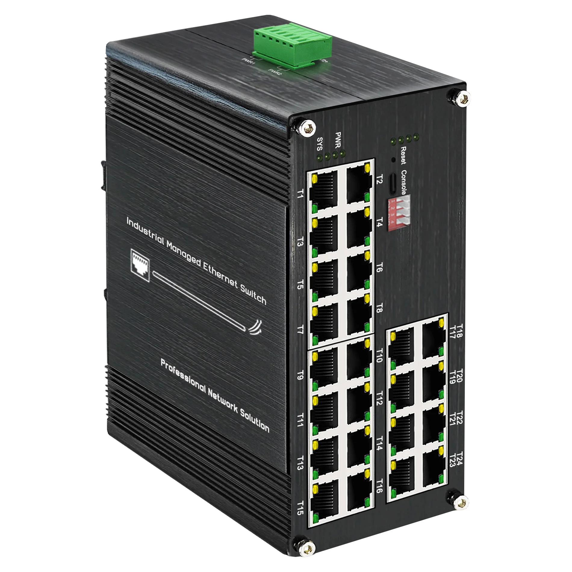 

24-Port Managed PoE Gigabit Industrial Ethernet Switch, 2-Layer，Lightning Protection 4KV, IP40, -40°C to 80°C Operating