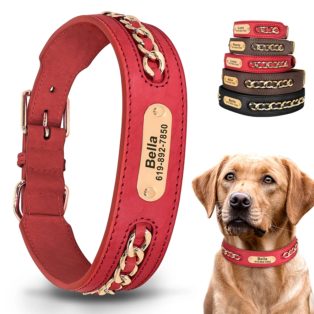Personalisiertes Hundehalsband aus strapazierfähigem Leder für Hunde mit Anti-Verlust-Namensschild, Kettenzubehör für kleine, mittelgroße und große Hunde – Detail 6