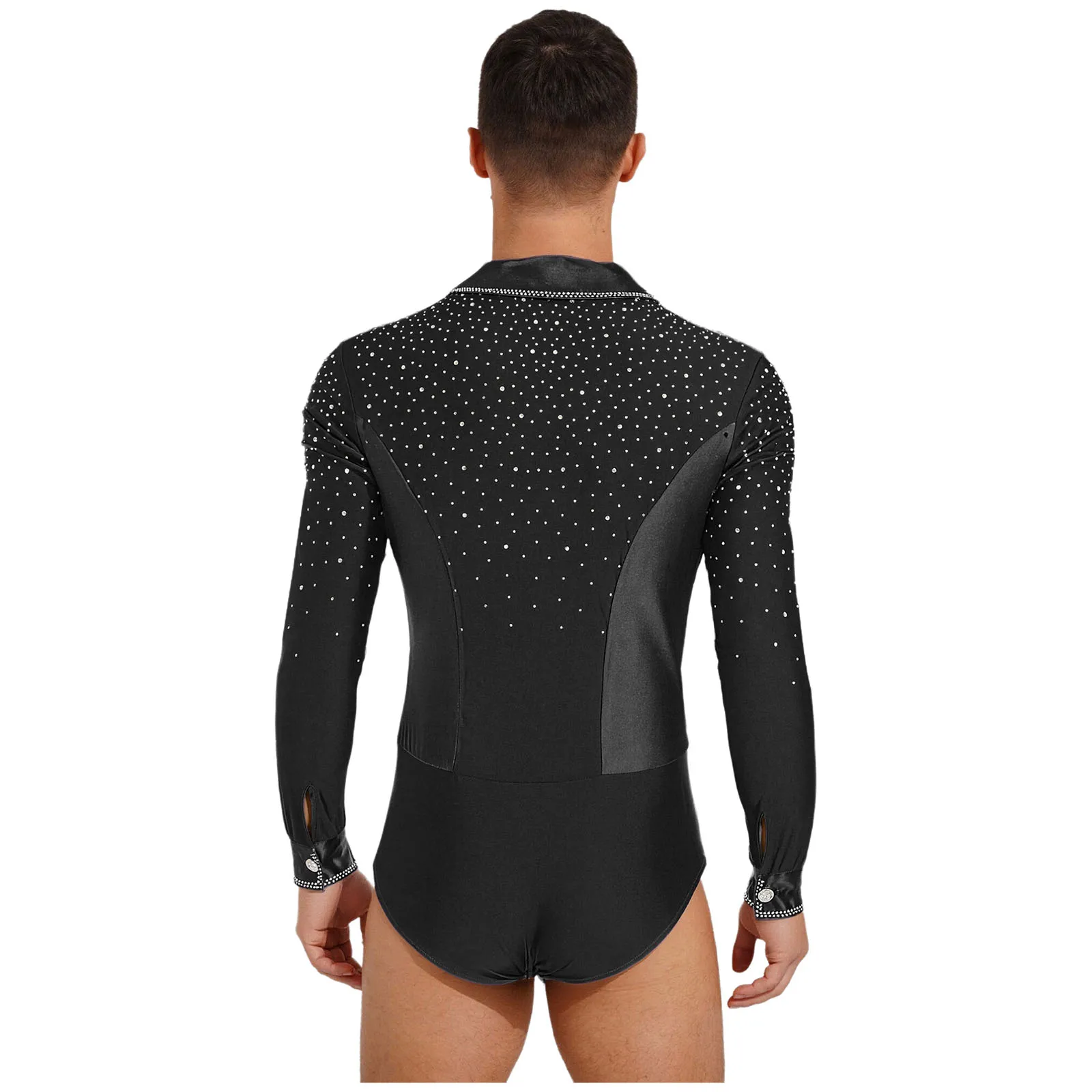 Mens Latin Tango Dance Bodysuit Shirt Glittery Rhinestone Lapel V Neck Long Sleeve Leotard Jumpsuit for Chacha Figure Skating