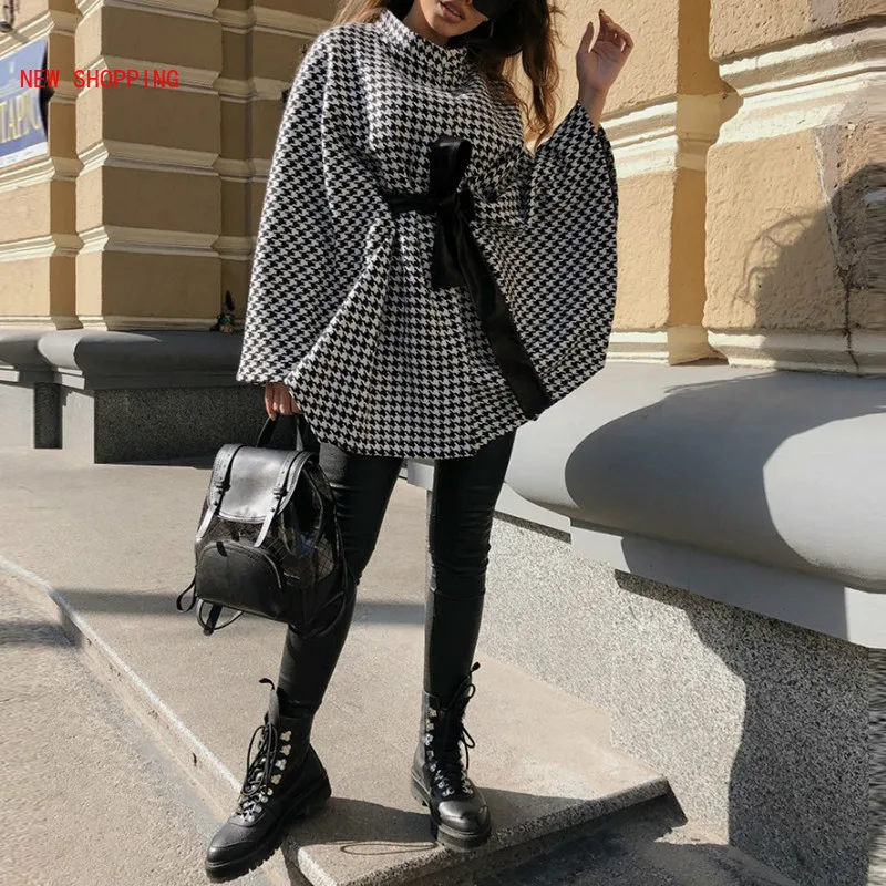 Black Cloak Women Fashion Houndstooth Cape Coat Autumn Winter Elegant Long Sleeve Pullover Sashes Casual Wool Oversize Overcoat