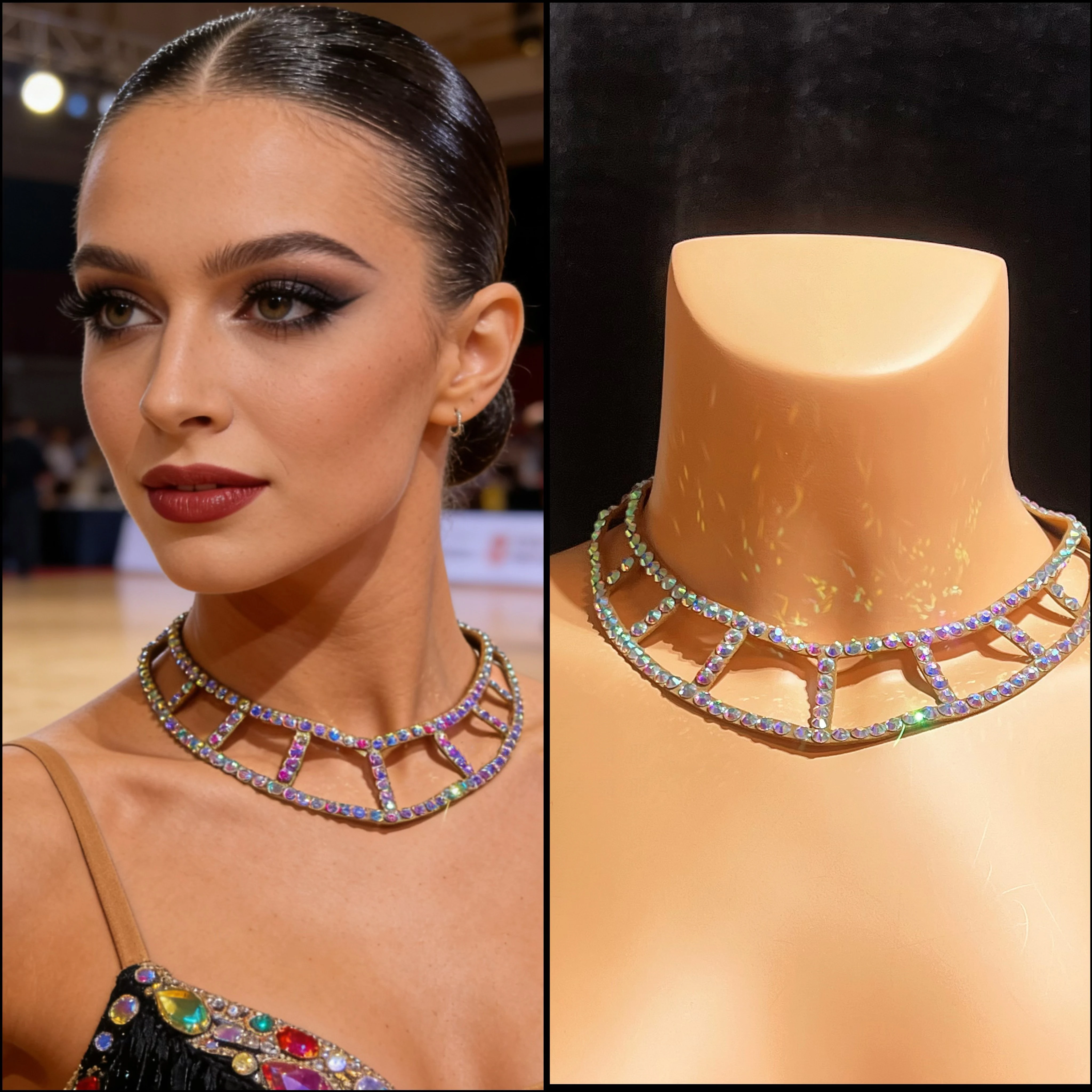 

Latin Dance Competition Performance Water Diamond Double Layer Black Pool Adult National Standard Stage Performance Accessories