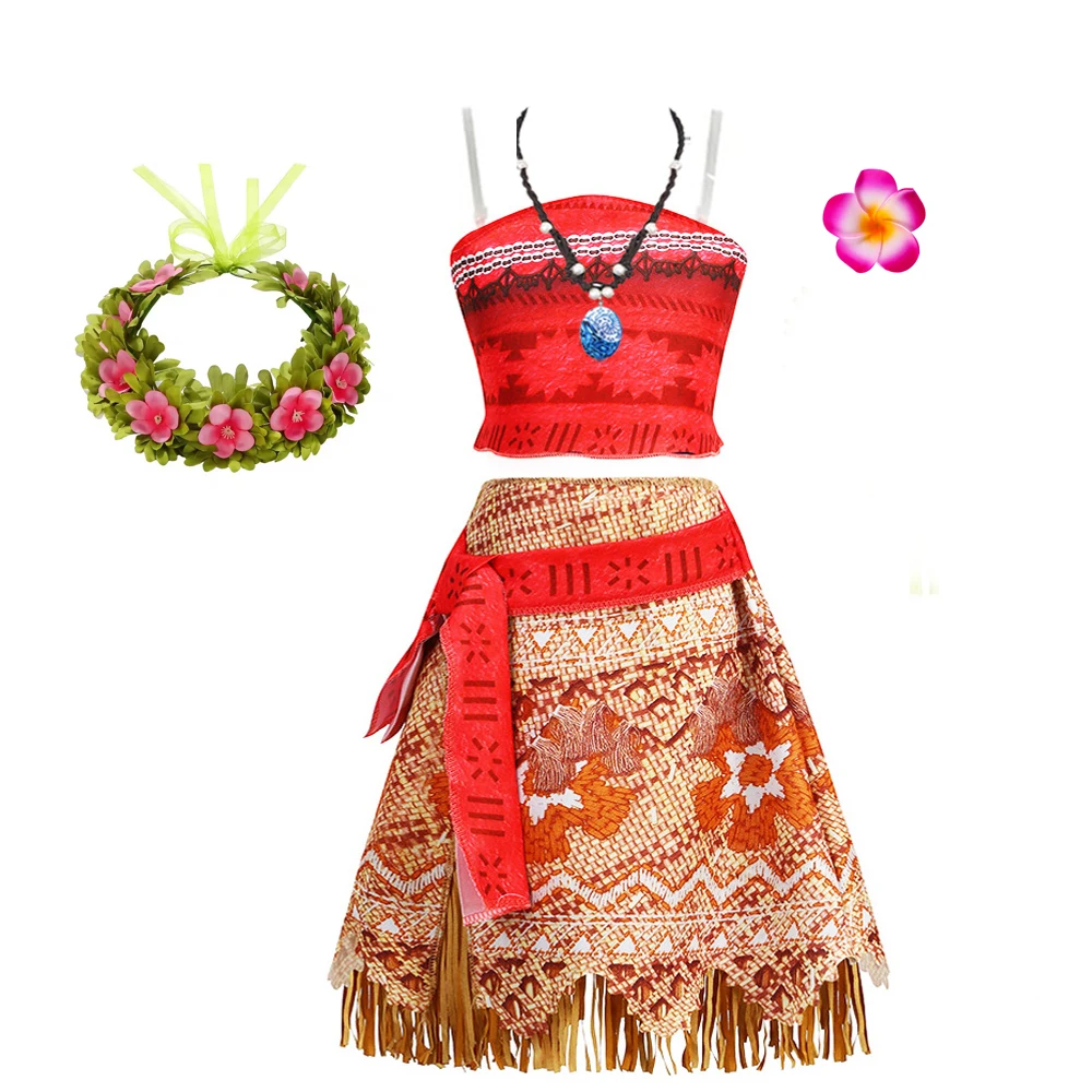 Mädchen Moana Kostüm Outfit Kinder Cosplay Prinzessin Kleid Sommer Casual Strand Kleid Halskette Perücke Set Party Kleider Für Mädchen