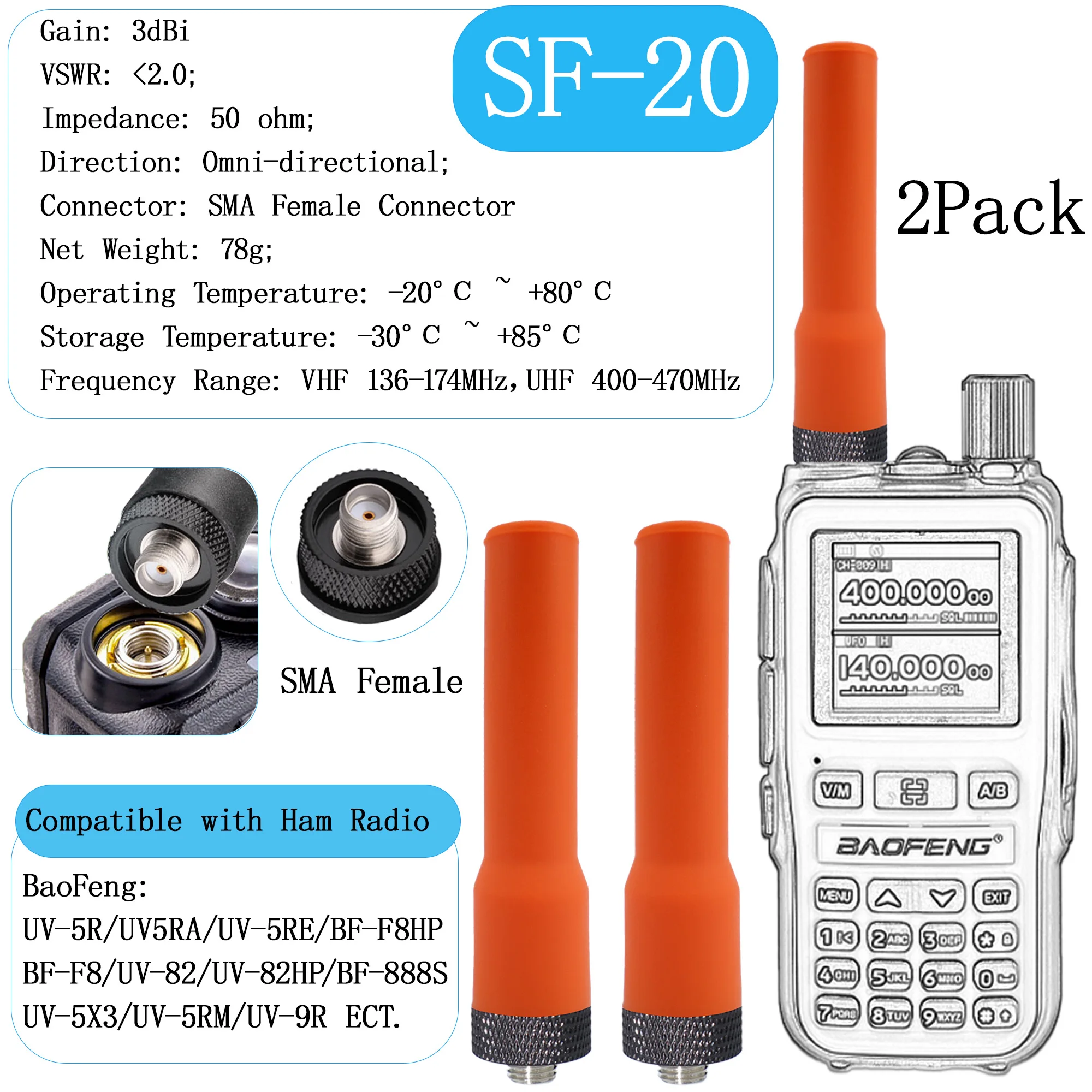 2 Pack - Dual Frequency VHF UHF 136-174MHz 400-470MHz Ham Radio Antenna Two-way Radio Walkie Talkie for Wouxun Baofeng BF-F8HP