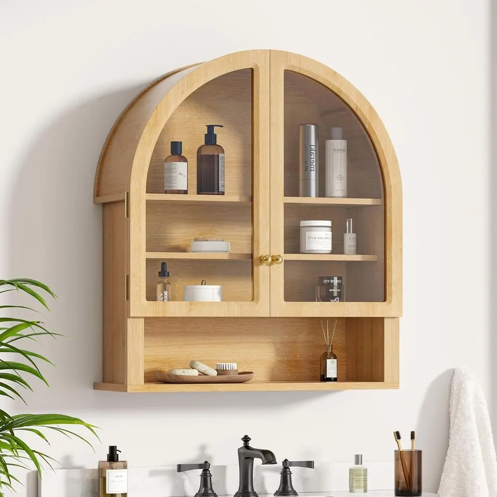 

Arched Acrylic Door Wall Cabinet, Wooden Mounted Bathroom Storage, Adjustable Shelf Hanging Medicine Cabinet in Natural Oak