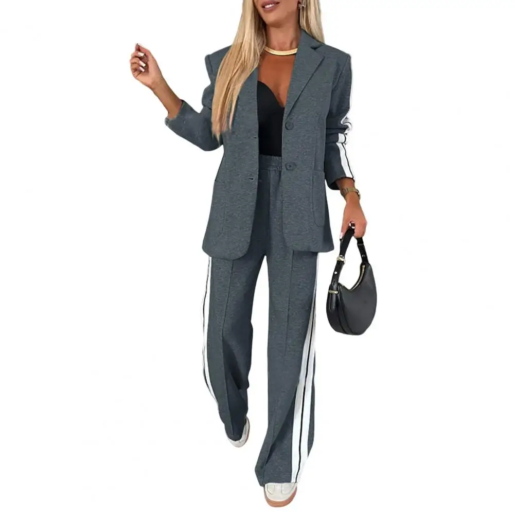 2 Pcs/Set Formal Women Suit Coat Pants Set Autumn Winter Long Sleeves Loose Striped Wide Leg Pants Women Casual Blazer Outfit