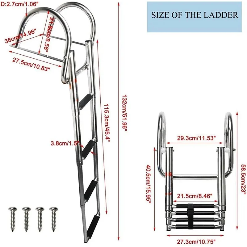 Winibo 4 Step Stainless Steel Non Slip Boat Boarding Telescoping Ladder Platform with Rubber Grips Marine Yachts Accessories