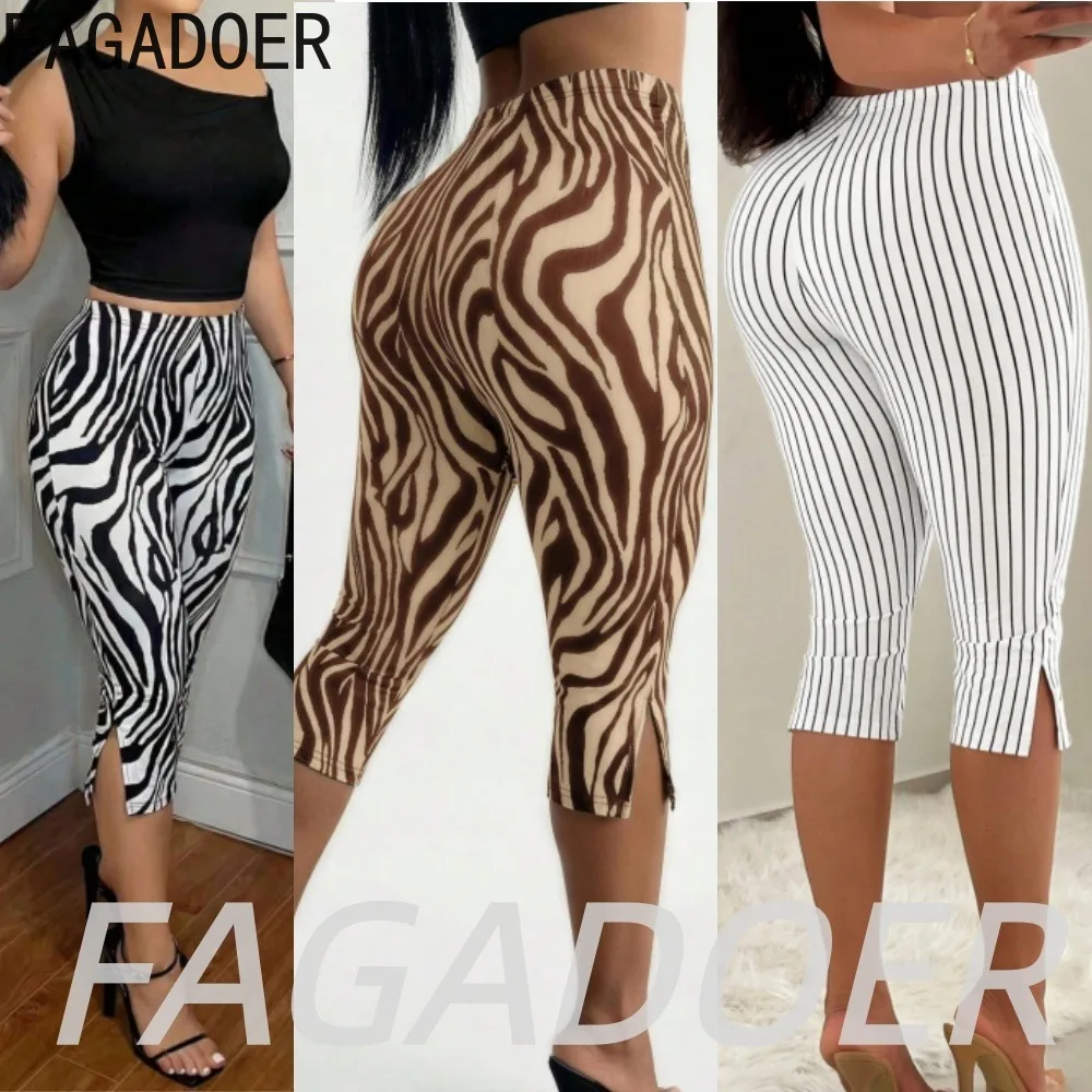FAGADOER Women Fashion Zebra Print Bodycon Shorts Casual Commute Striped Slit Capri Pants Summer Streetwear Party Club Bottoms