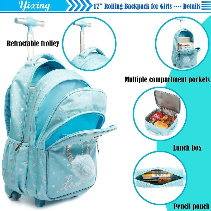 Children\'s Wheeled Backpack Bag Set with Lunch Box School Rolling Backpack Bag with Wheels School Trolley Backpack Bag for Girls